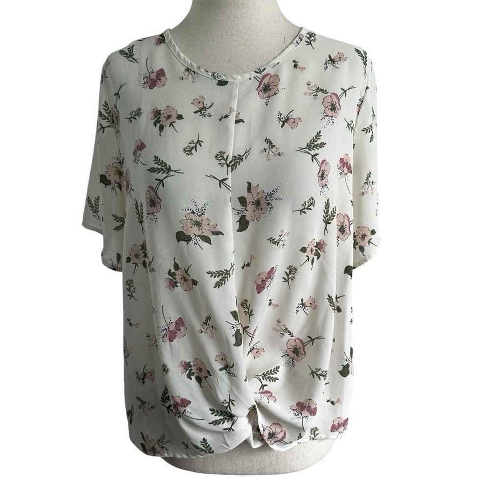 Sienna Sky Twist Front Short Sleeve Cream Floral Print Blouse Top Small | 73-8